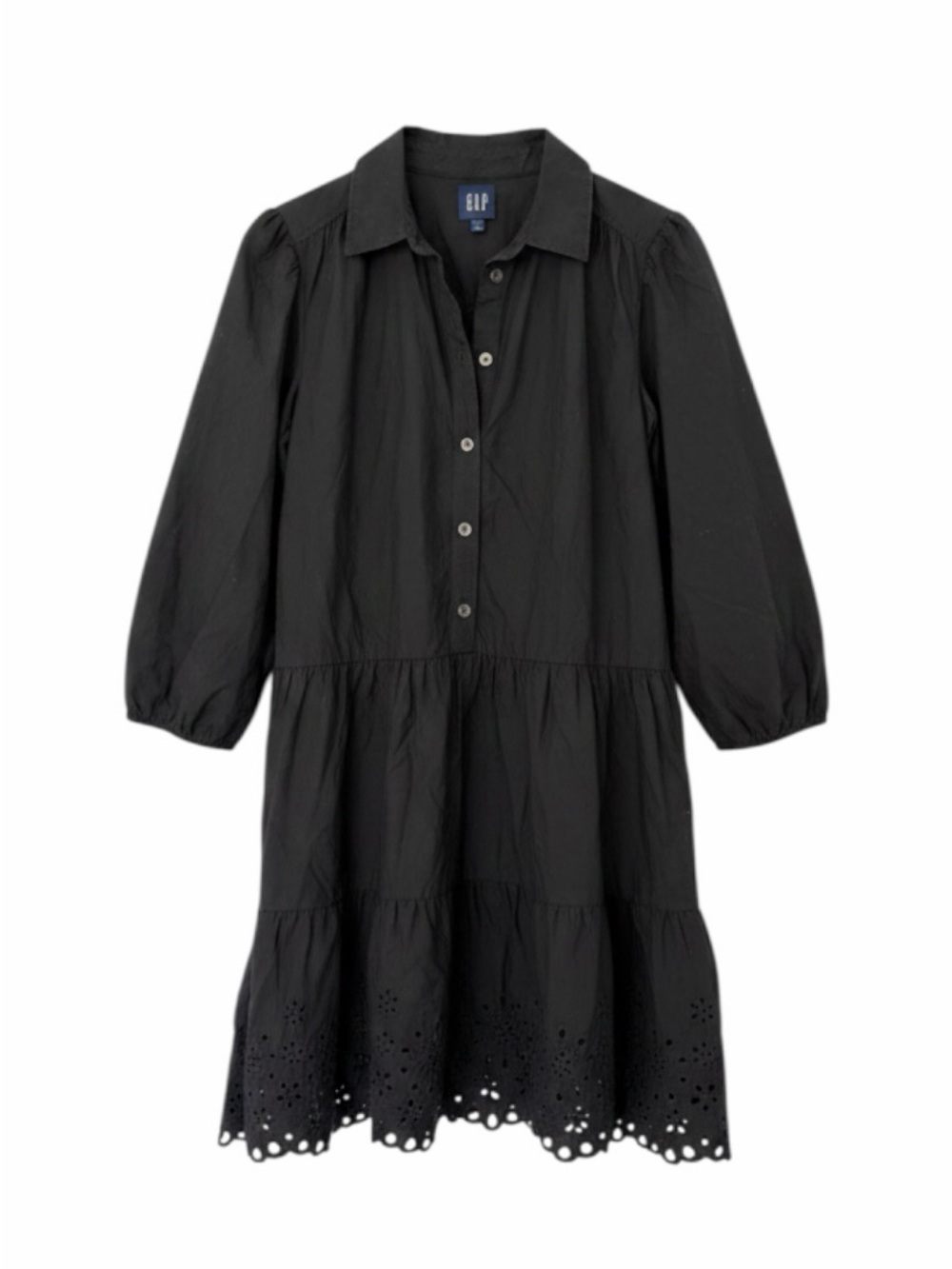 GAP S Black Eyelet Button-Front Tiered Dress